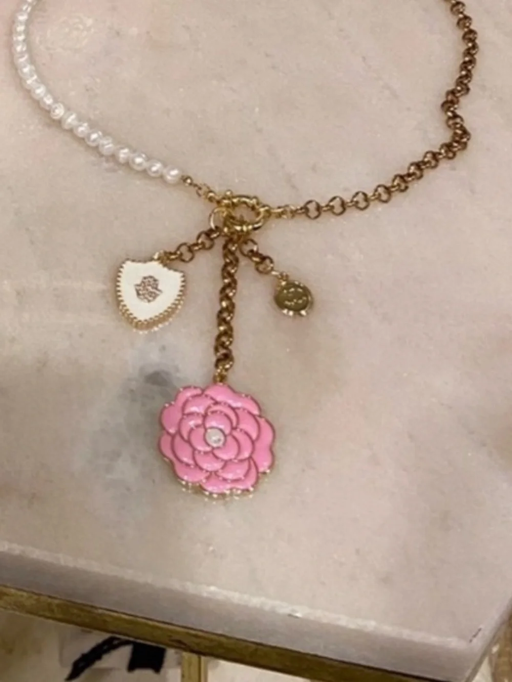 Gold Chain, Pearl Necklace & Chanel Pink Camellia Charm